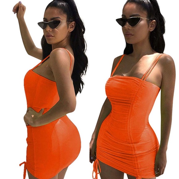 Dresses & Skirts - THE ATL BRIGHT ORANGE 🍊 RUNCHED MINIDRESS *NWT*